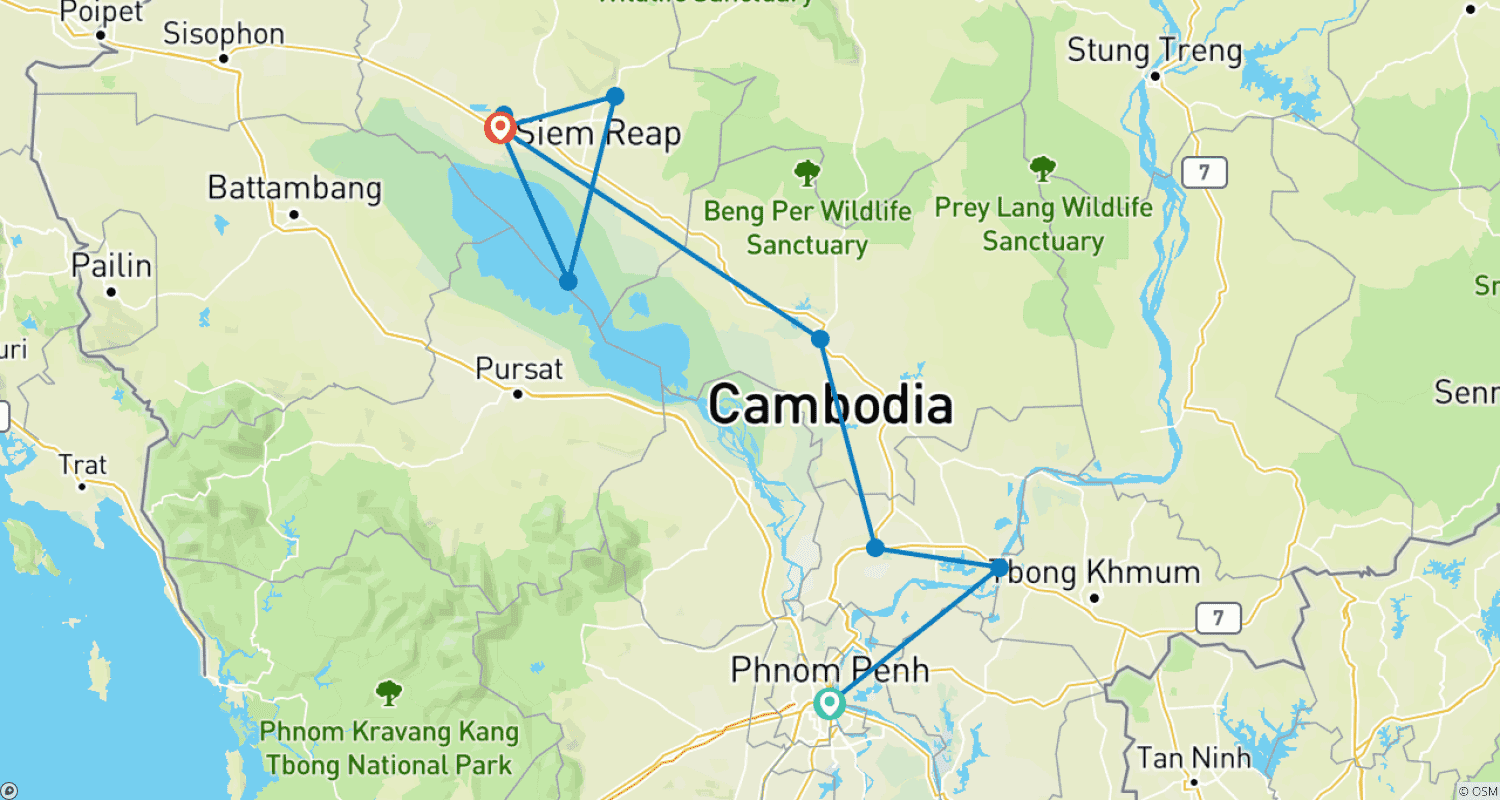 Mapa do percurso de VIAGEM DE DESCOBERTA AO CAMBOJA EM PEQUENO GRUPO