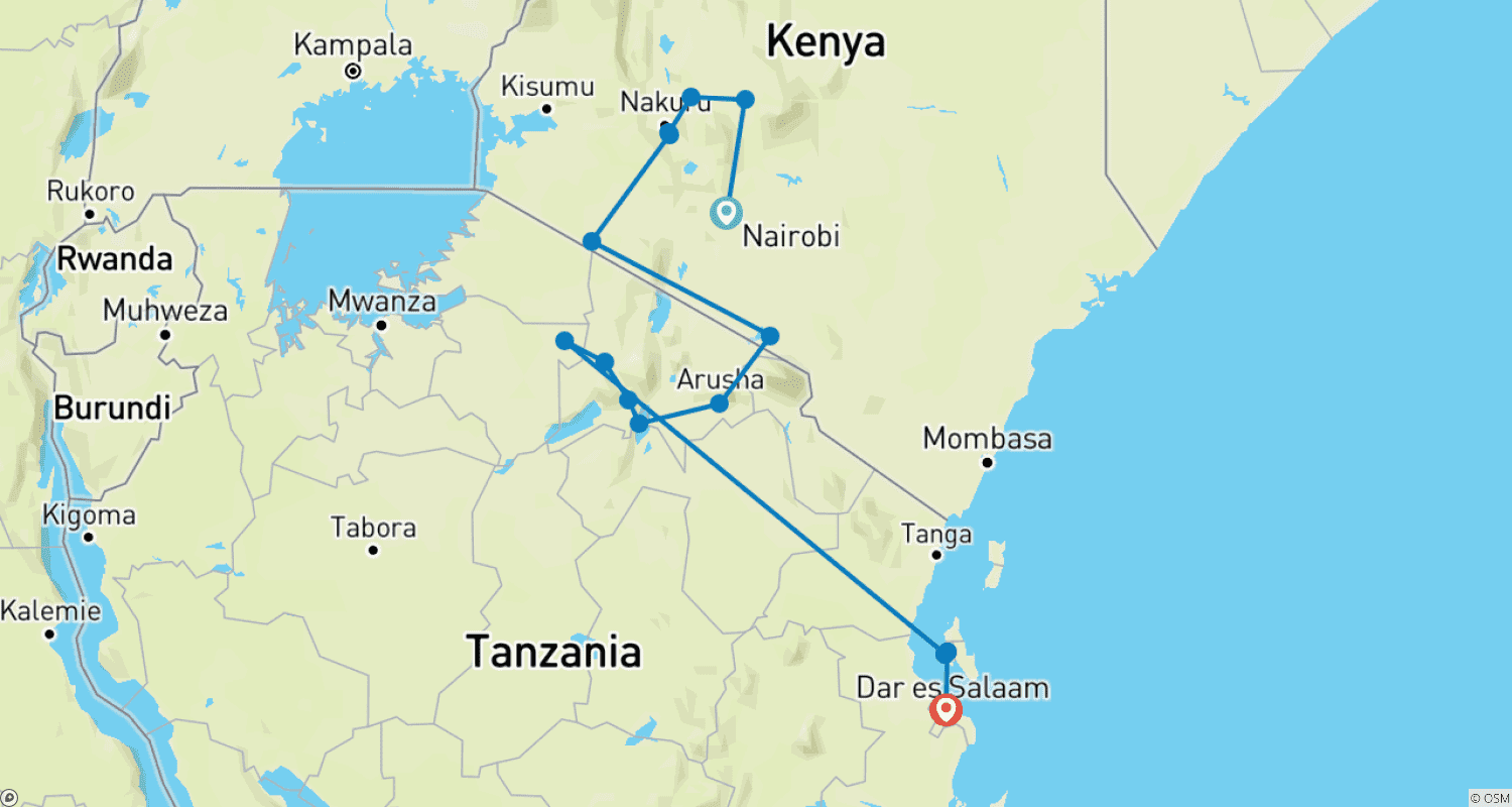 Mapa trasy: Kenia i Tanzania: Przygoda Safari z Zanzibarem 16 Dni