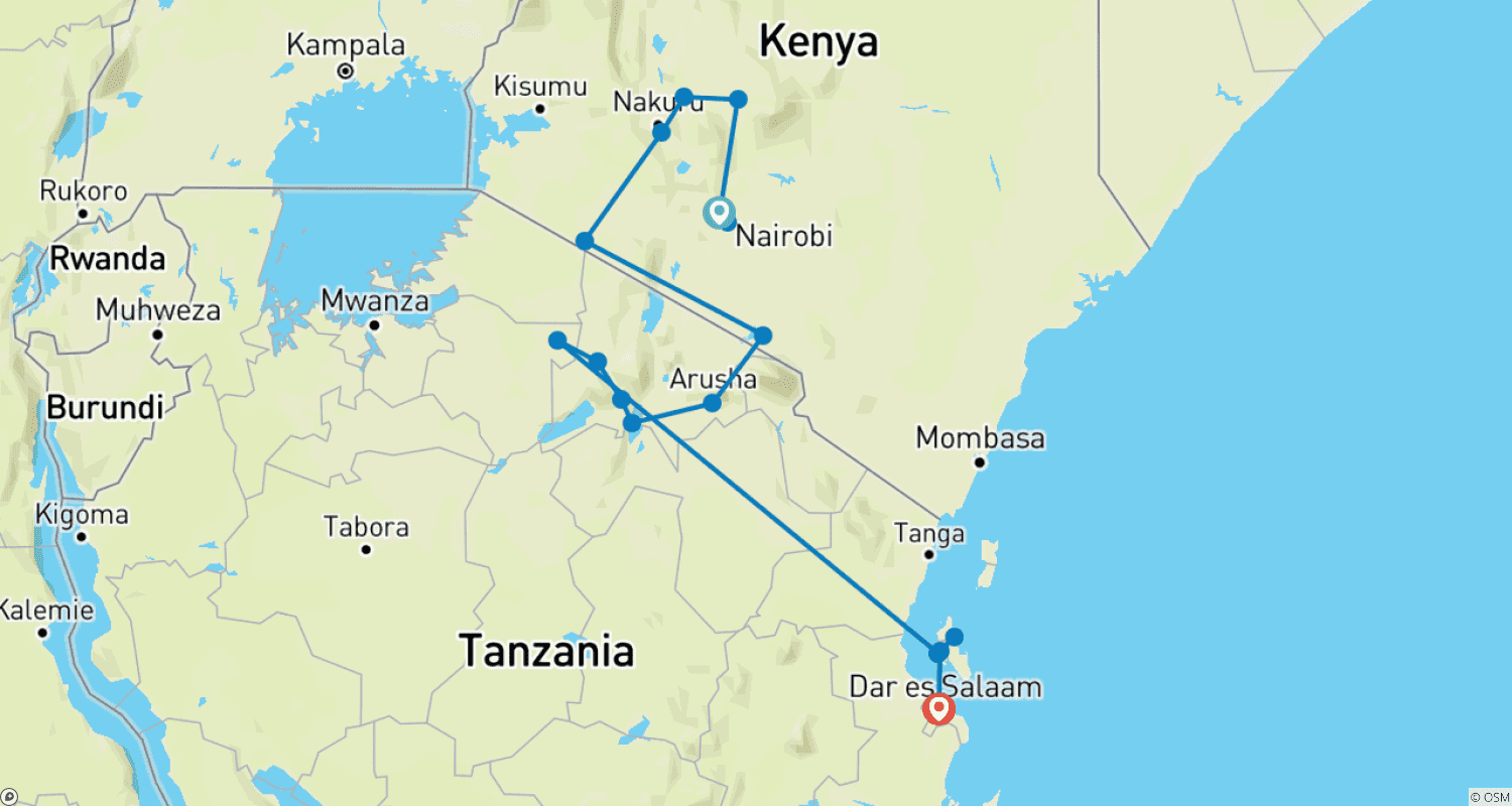 Mapa do percurso de Quênia e Tanzânia: A Experiência de Safári com Nairobi e Zanzibar, 17 Dias