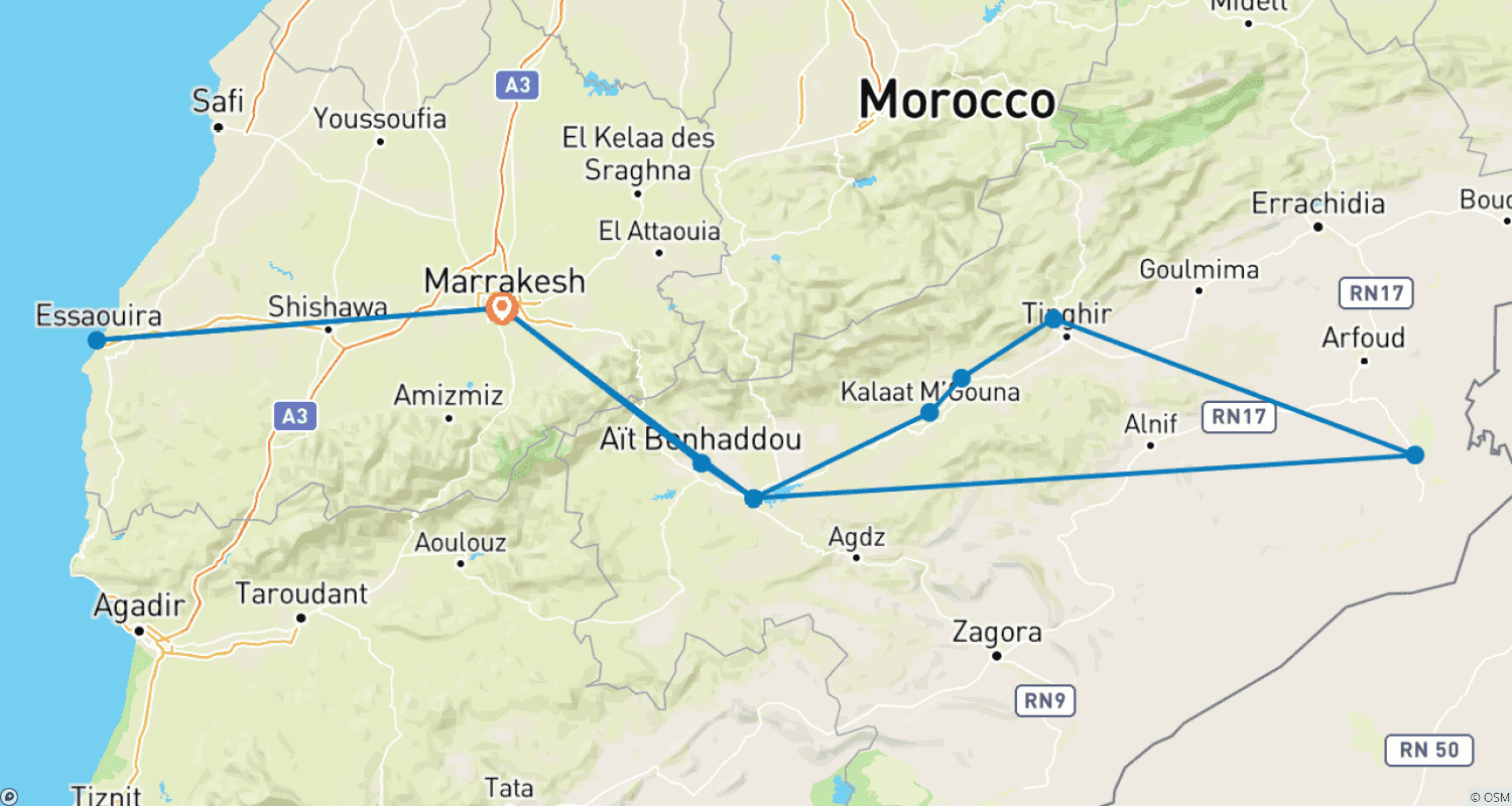 Mapa trasy: Wycieczki po Maroku - 6-dniowy pakiet wakacyjny Marrakesz, As-Suwajra i Pustynia Sahara