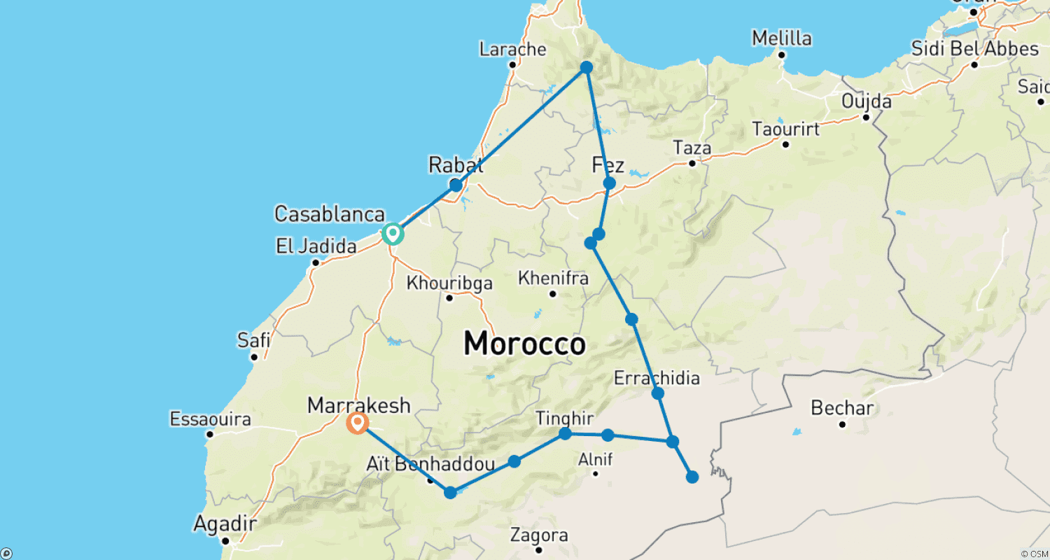 Mapa do percurso de Excursão Privada de 5 Dias de Casablanca a Marraquexe visitando Chefchaouen, Fez e o deserto do Saara