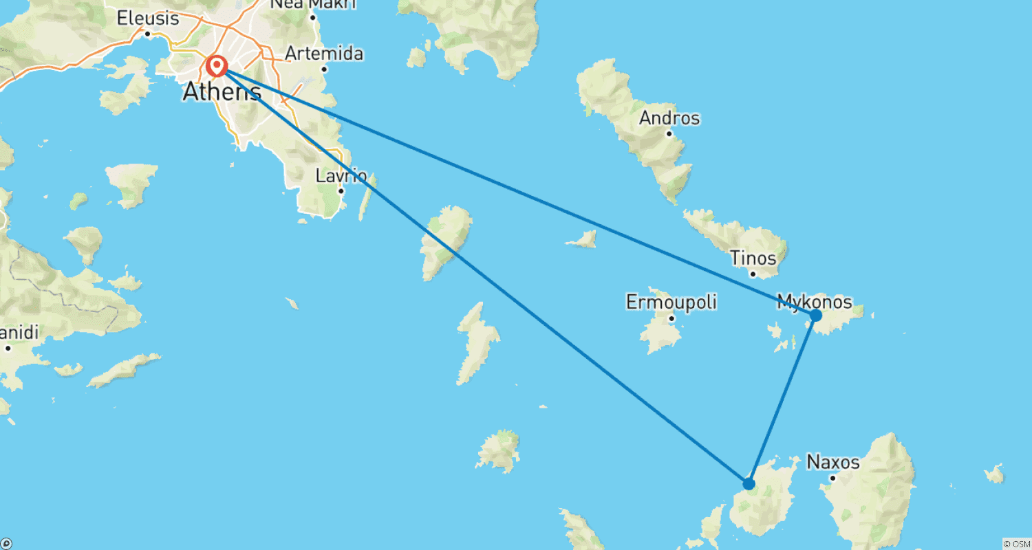 ミコノス島とパロス島:5日間のギリシャ諸島アドベンチャーのルートマップ