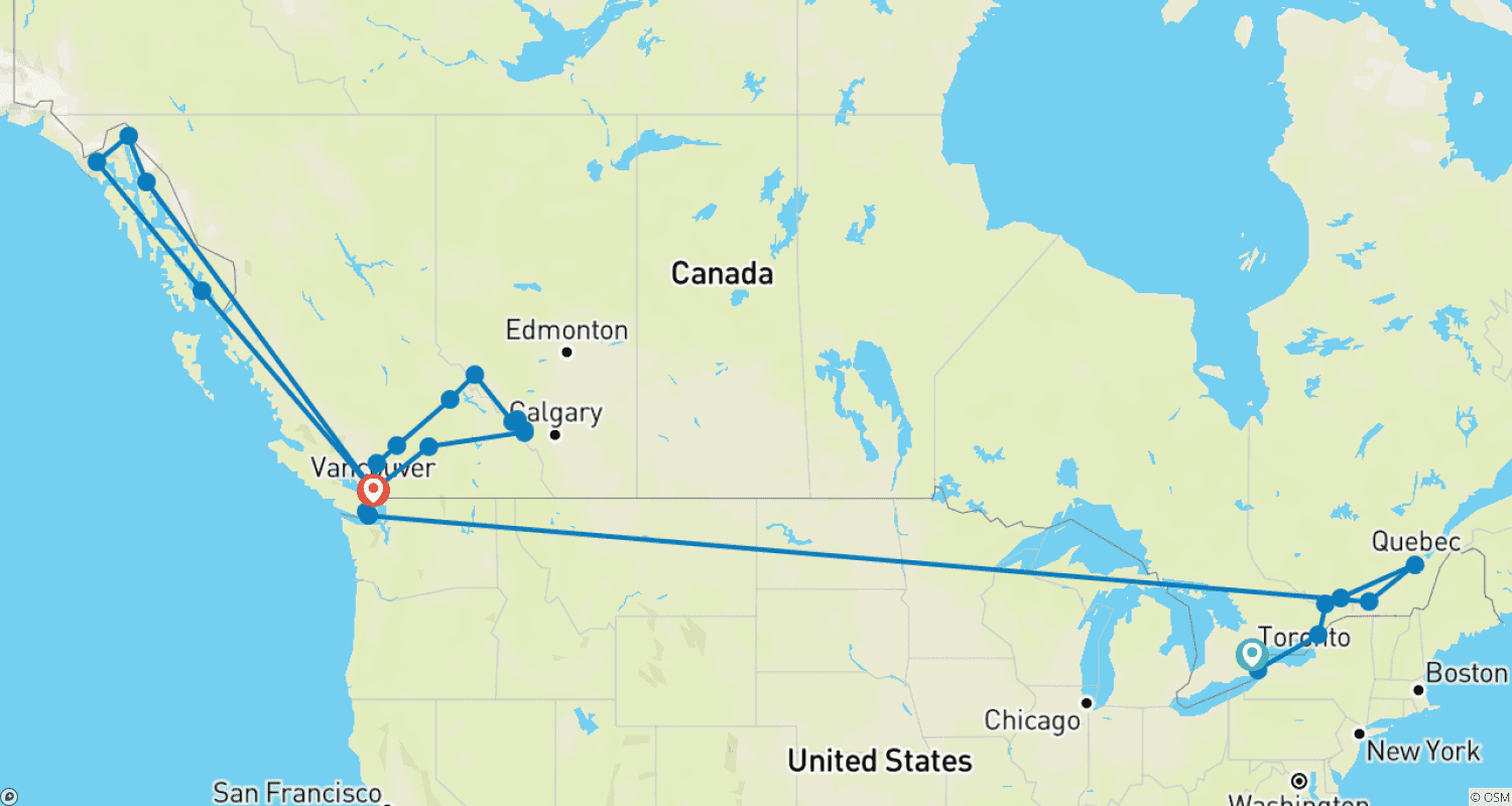خريطة مسار Canada's East and West with Alaska Cruise Toronto → Vancouver (2027)