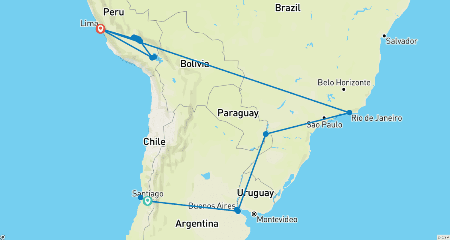 Mapa do percurso de Destaques da América do Sul 2026 - De Santiago a Lima, 2027/28 - Do Rio a Lima (2026)