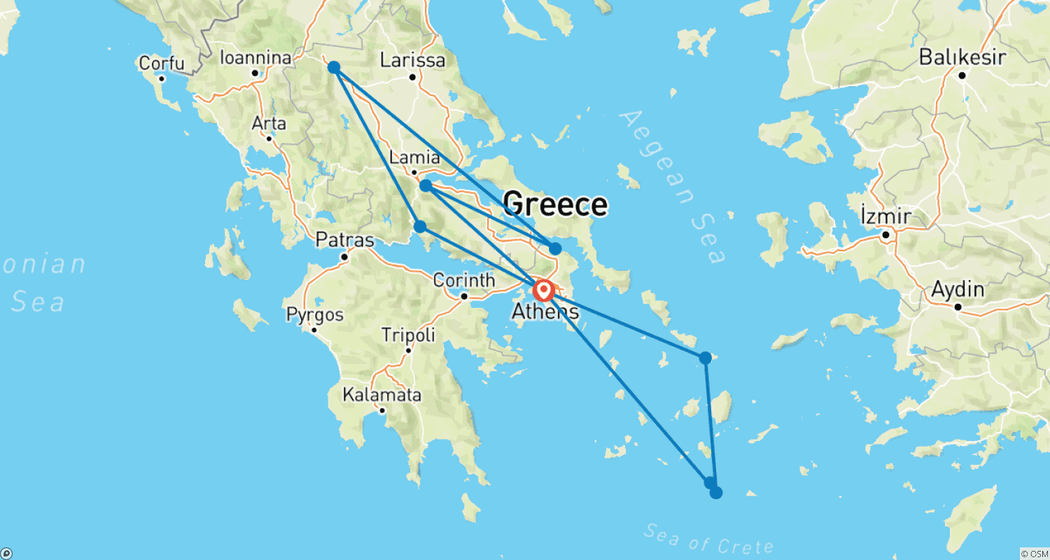 Mapa do percurso de Excursão em Grupo de 5 Dias: Delfos, Meteora, Mykonos e Santorini
