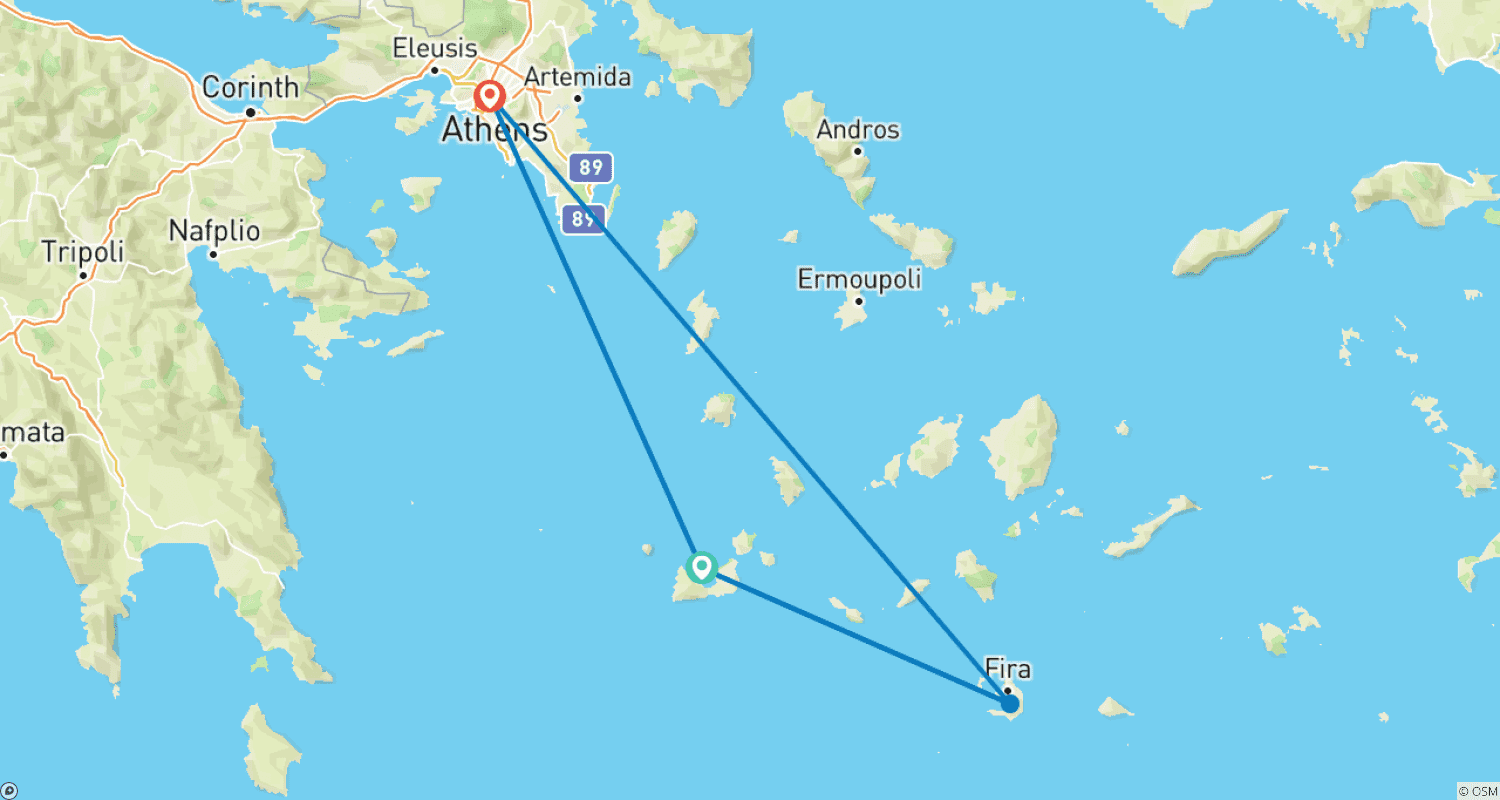 Mapa do percurso de Milos e Santorini: Excursão de 5 Dias pelas Icônicas Ilhas Gregas