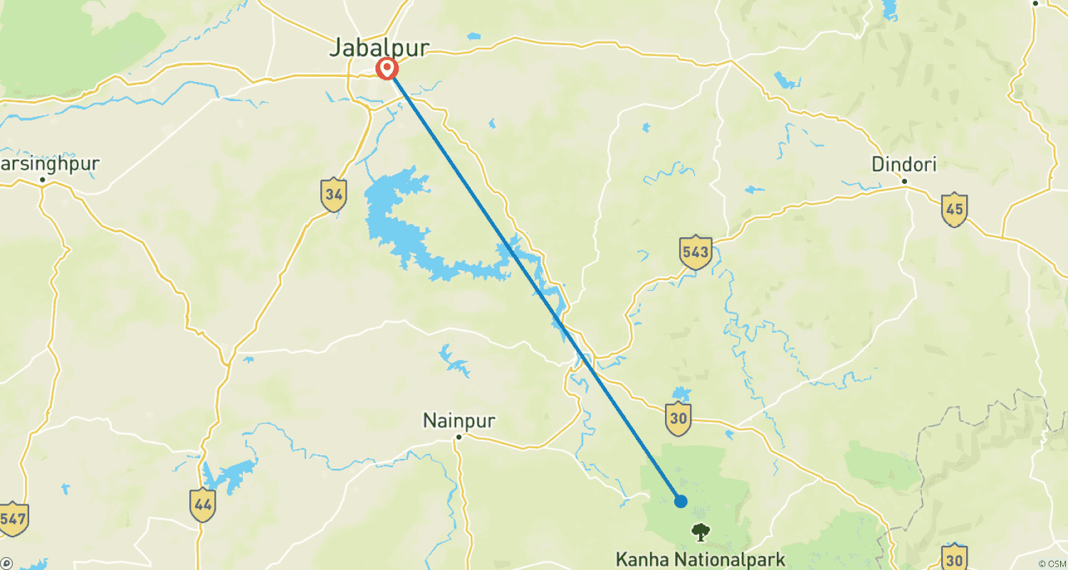 JabalpurからKanha National Parkへの雄大な野生動物ツアーのルートマップ