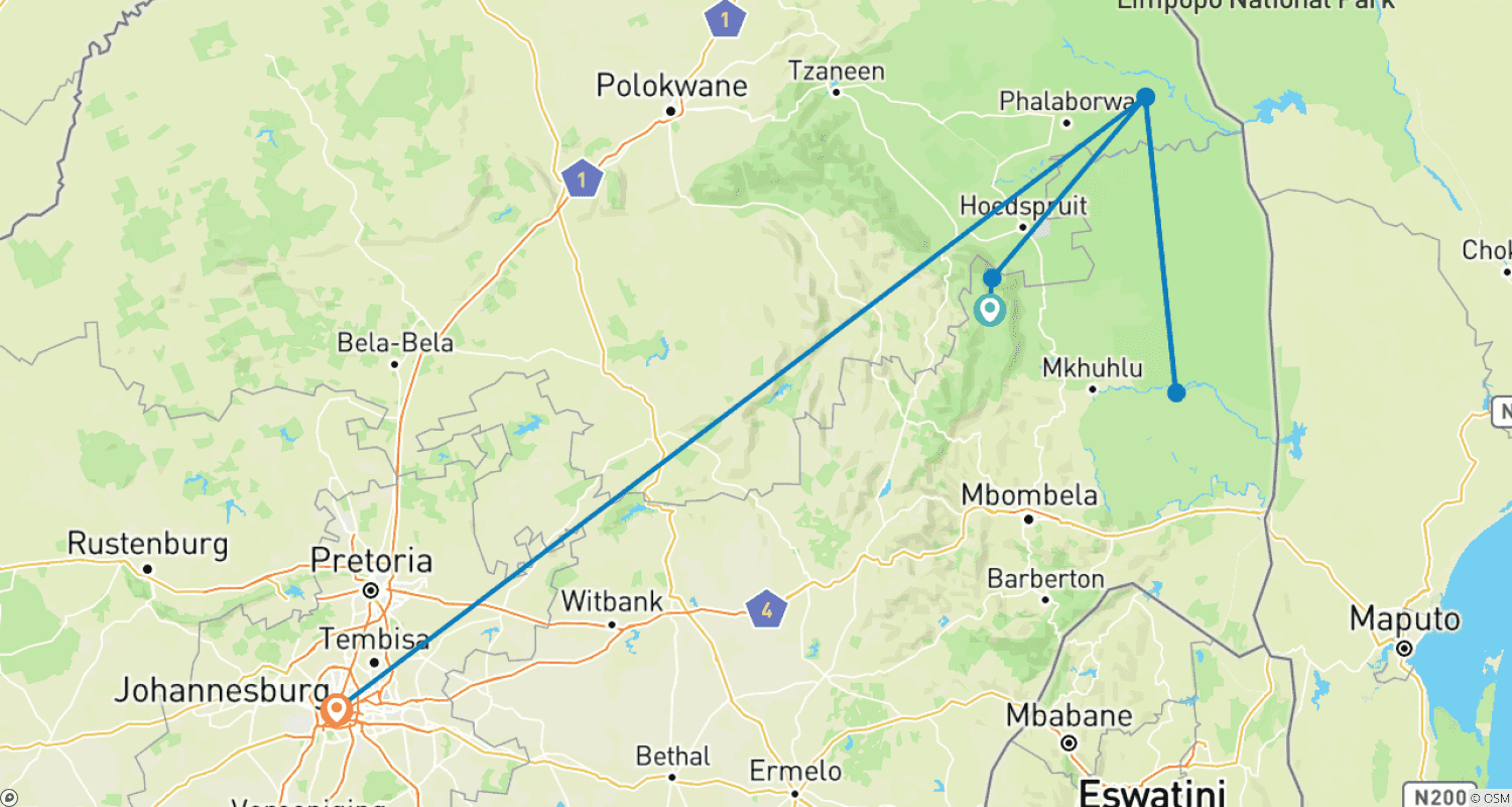 Mapa do percurso de Incrível Safári no Kruger National Park & Panorama Route, África do Sul