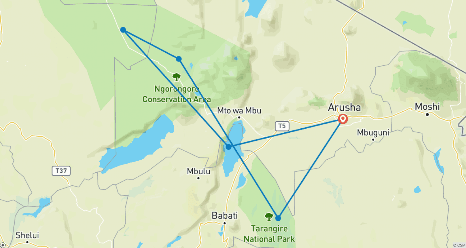 Mapa trasy: Najlepsze safari „Wielkiej Piątki” w północnej Tanzanii – Komfort