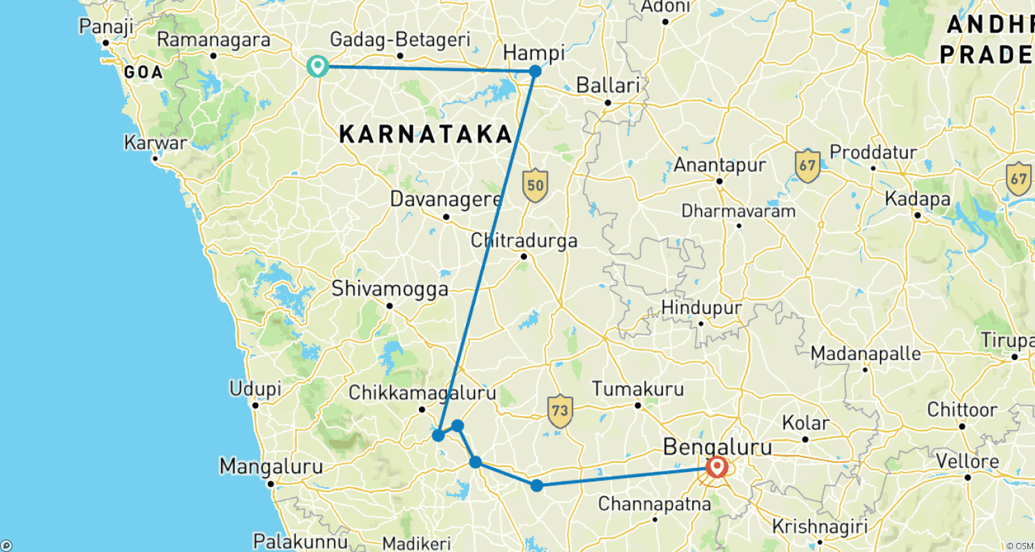 Mapa do percurso de Excursão de Hubli a Hampi, Belur, Halebedu e Bangalore