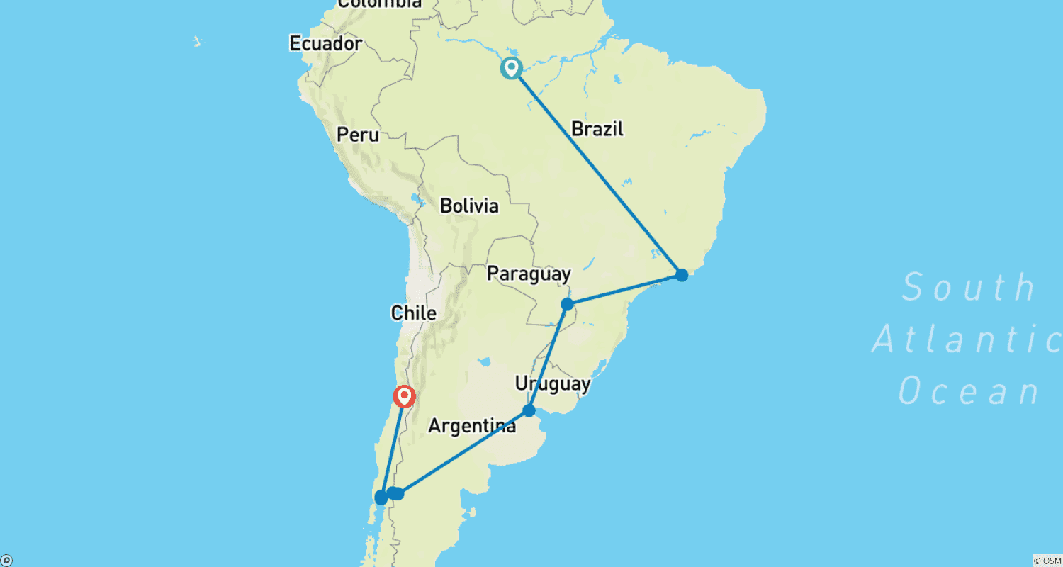 アマゾンを巡る南米の旅のルートマップ