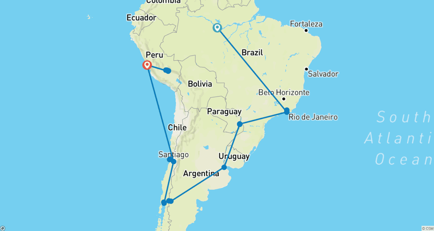 アマゾンとペルーを巡る南米の壮大な旅のルートマップ