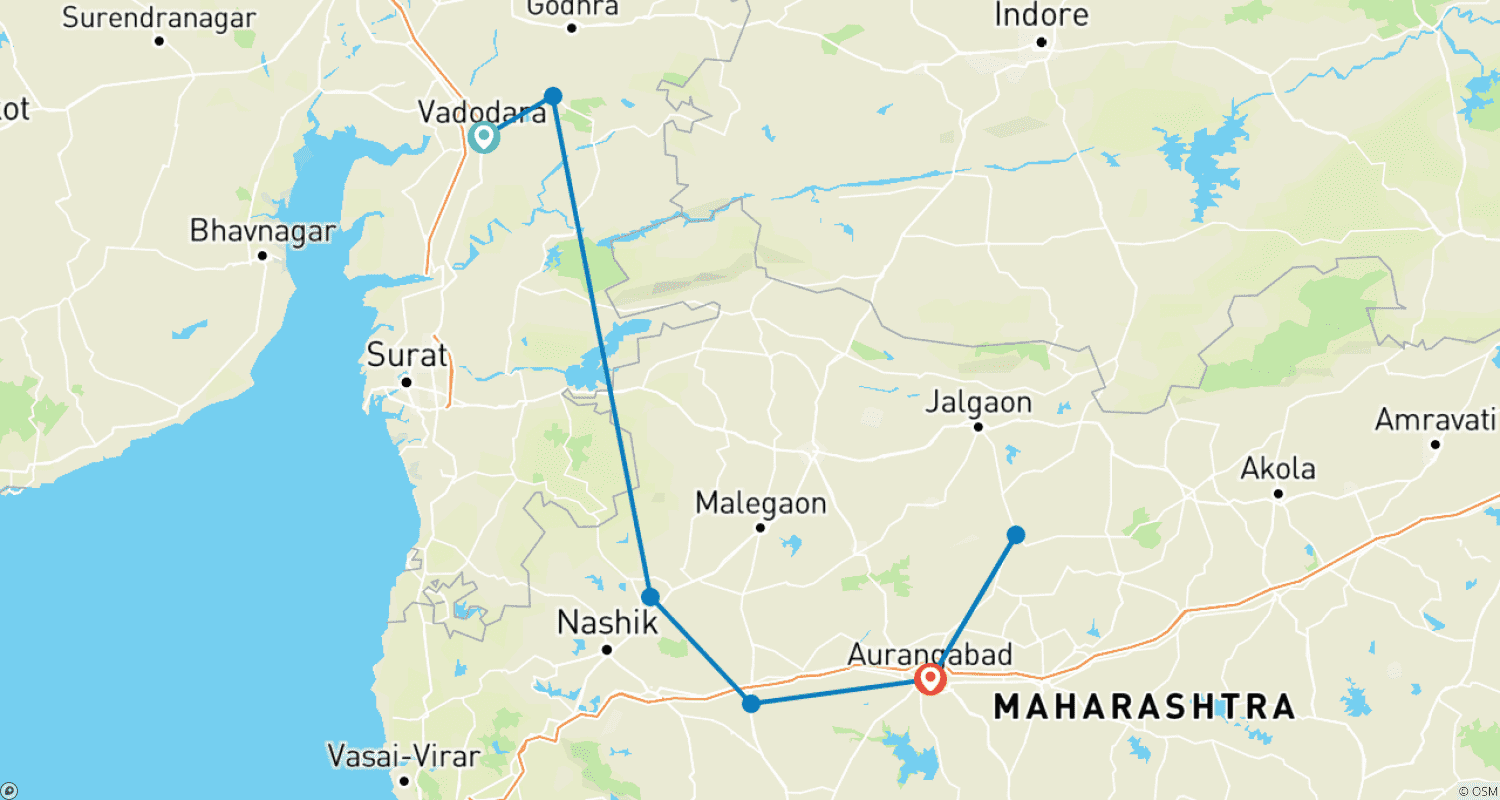 Mapa trasy: Starożytna Architektura i Nowoczesne Cuda: Vadodara do Aurangabad