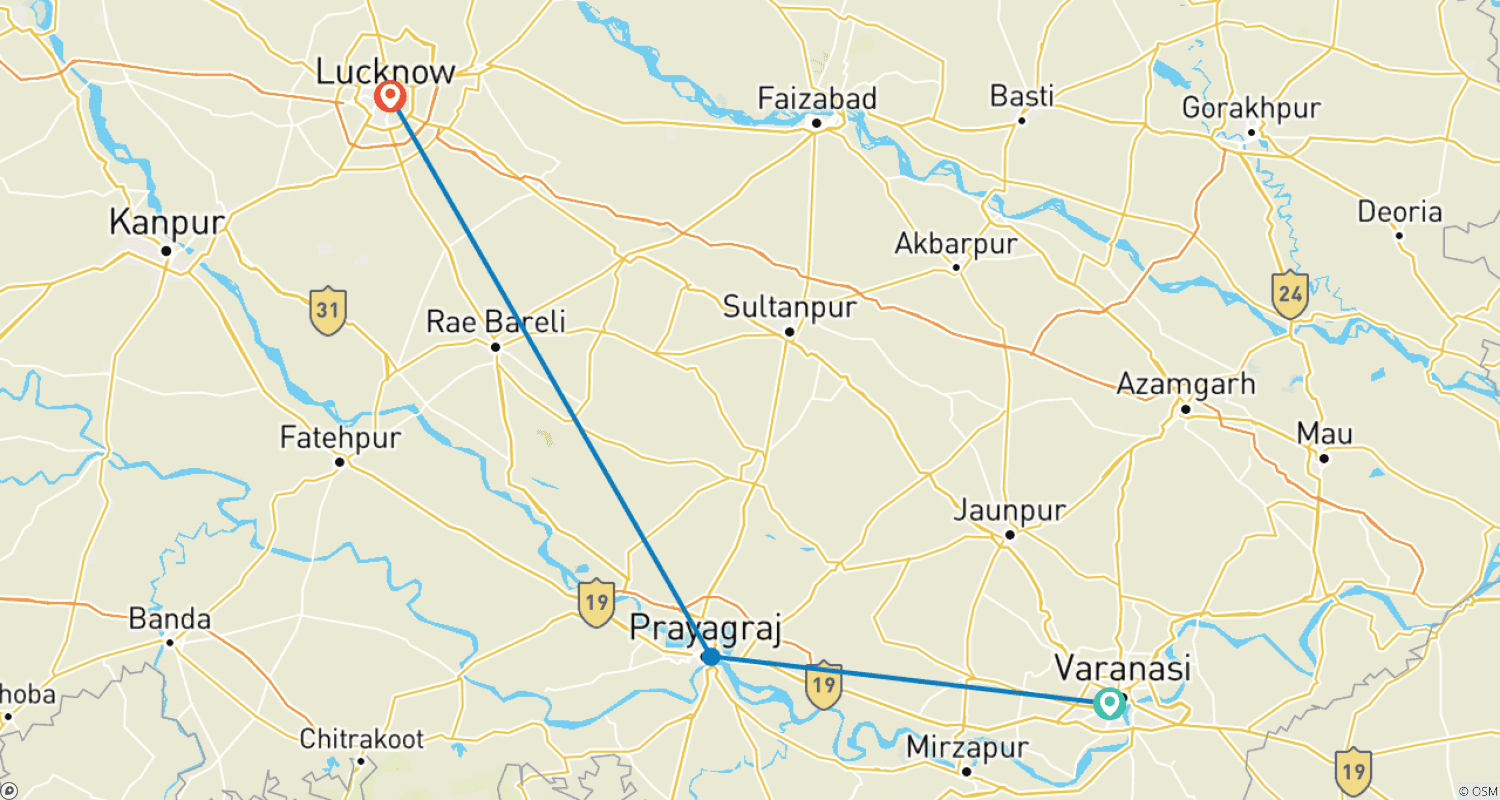 The Royal Trail: Varanasi, Prayagraj and Lucknowのルートマップ