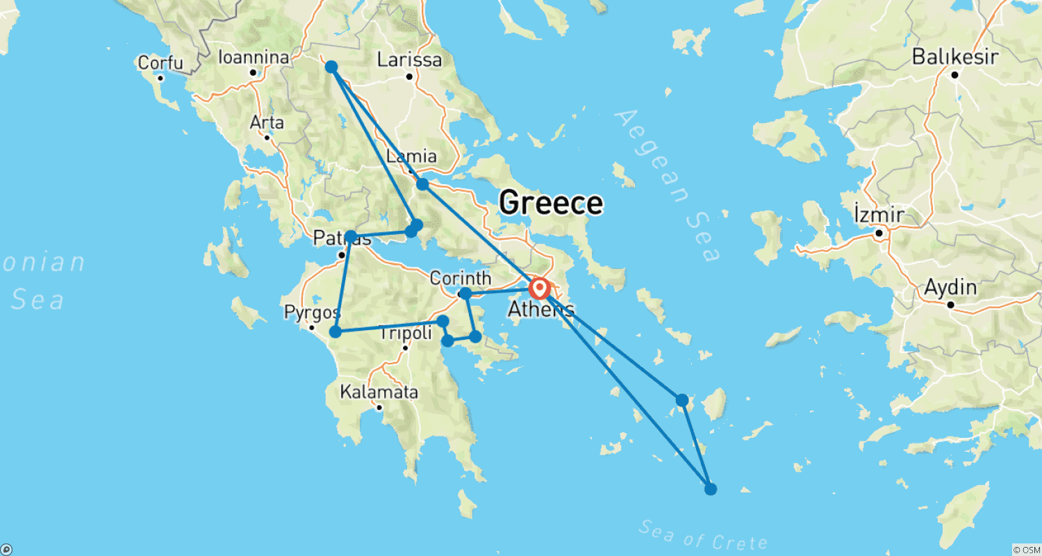 Mapa do percurso de Ilhas Gregas e Meteora