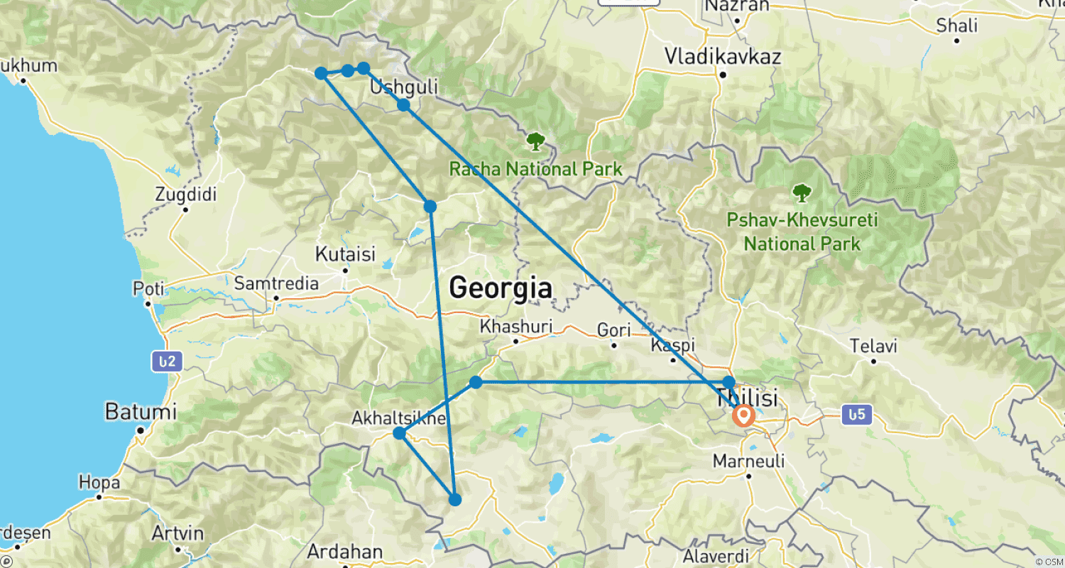 Private adventure journey to Georgiaのルートマップ