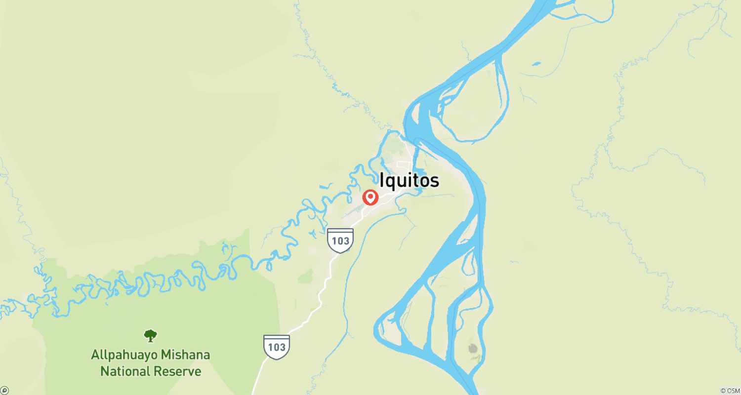 Mapa do percurso de Tour de 4 dias pela Selva Amazônica de Iquitos com observação de botos-cor-de-rosa