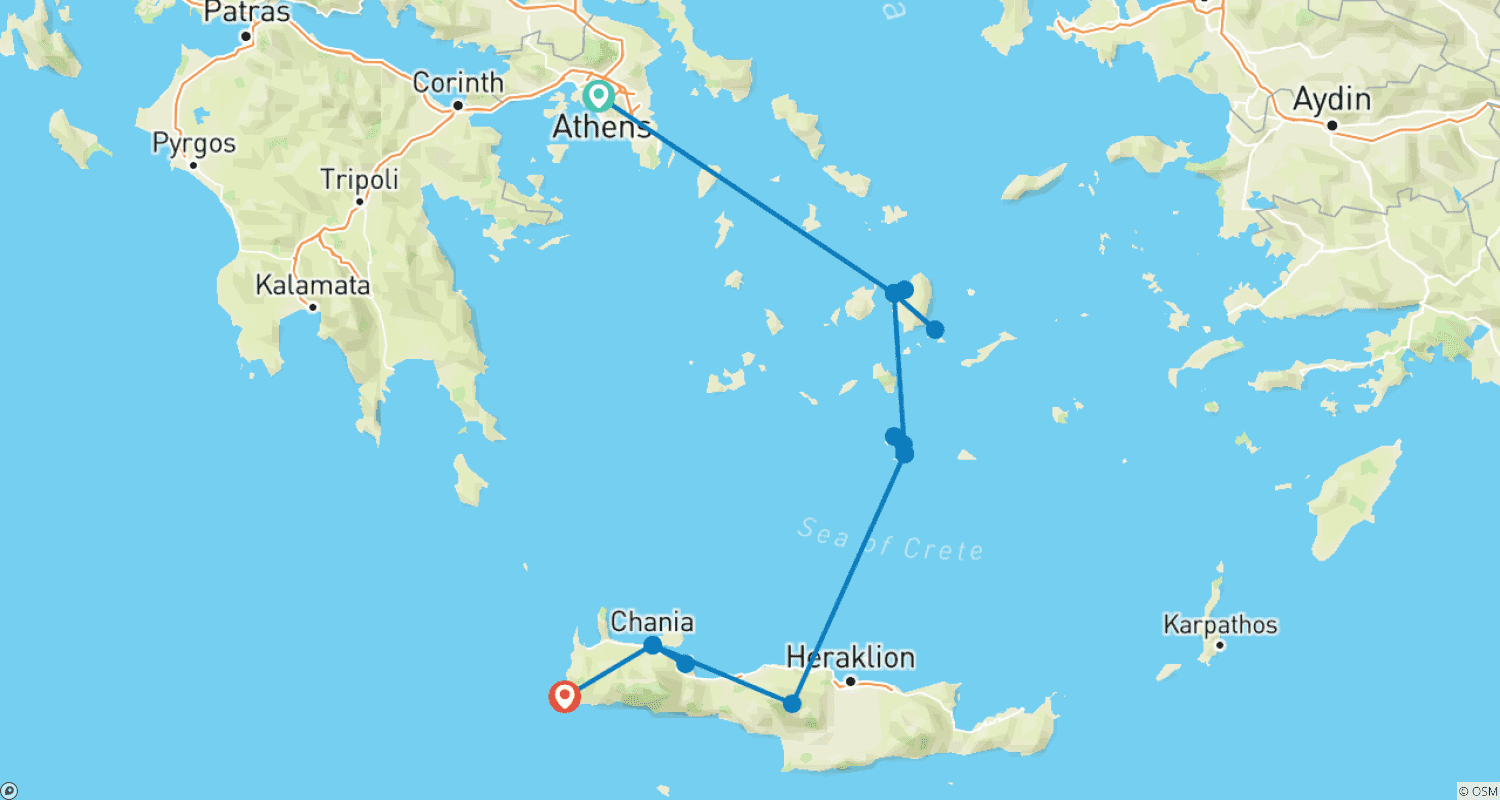 Mapa do percurso de Atenas - Naxos - Santorini - Creta (Joias do Egeu)