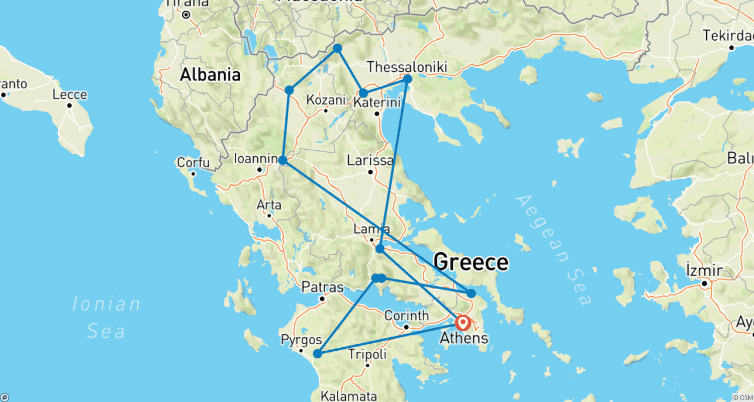 Mapa do percurso de 7-Day Northern Greece Tour – Athens, Delphi, Meteora, Kastoria & Thessaloniki