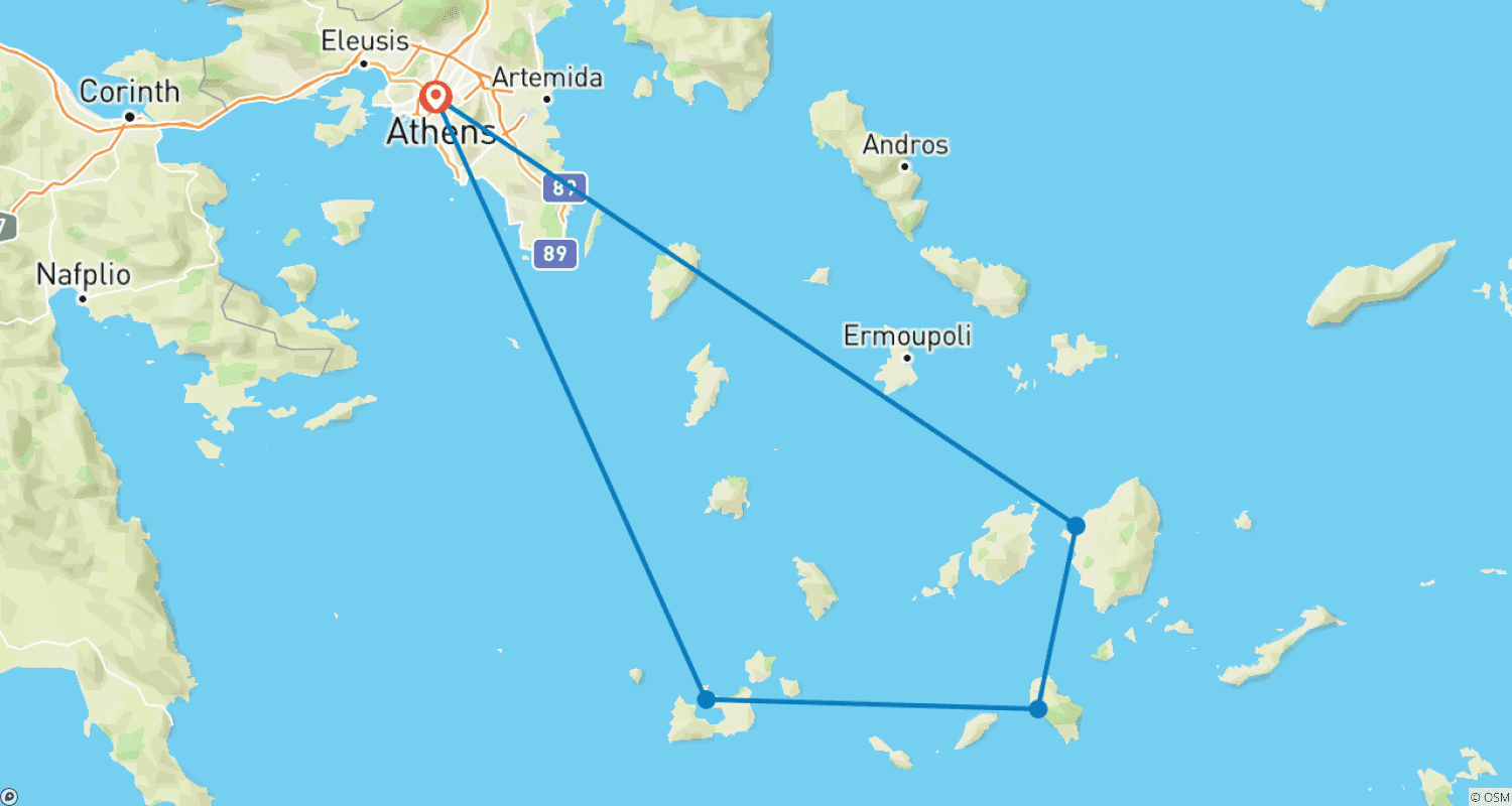 Mapa do percurso de Milos, Ios e Naxos: Excursão de 12 Dias para Explorar as Ilhas Gregas