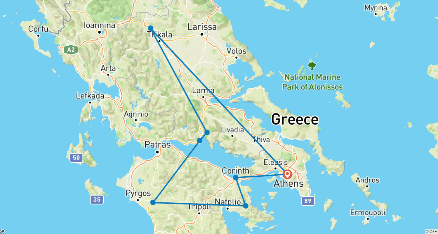 5日間ギリシャ周遊:ナフプリオ、デルフィ、メテオラ、そして美食体験のルートマップ