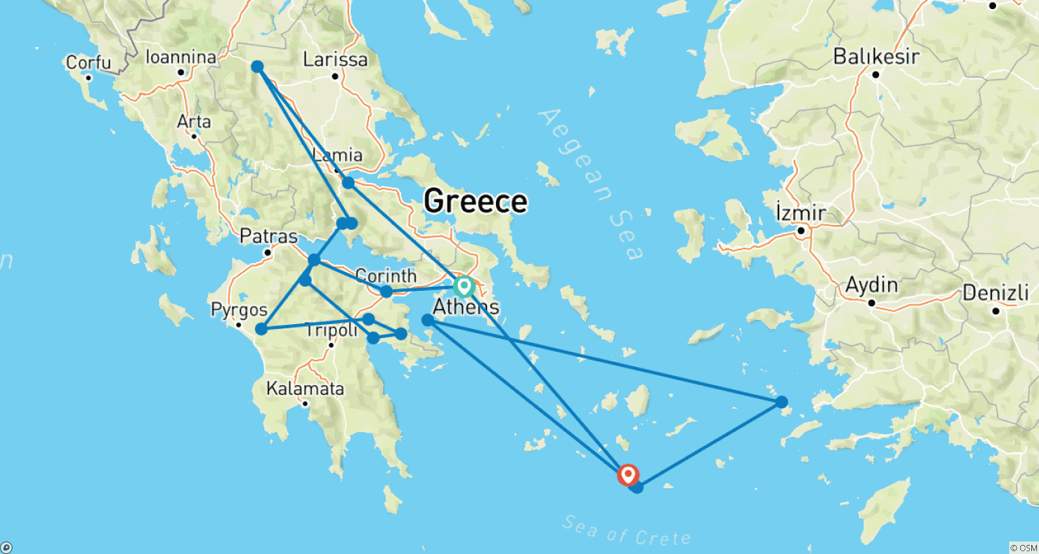 Mapa do percurso de 10-Day Best of Greece Tour: Nafplio, Olympia, Meteora, Delphi & Santorini