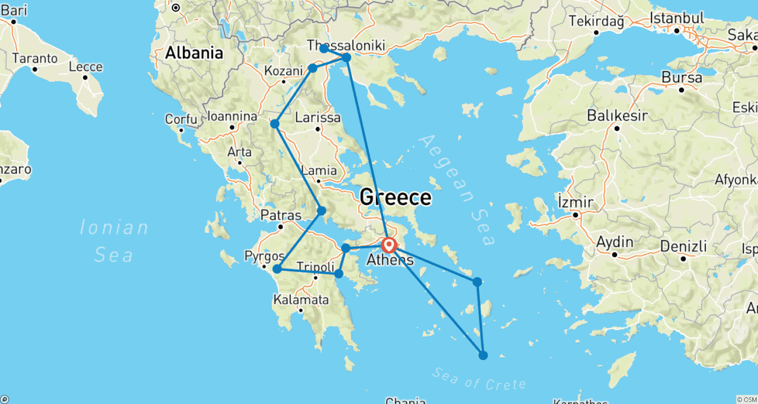 15-Day Best of Greece: Ancient Sites, Athens, Mykonos & Santoriniのルートマップ