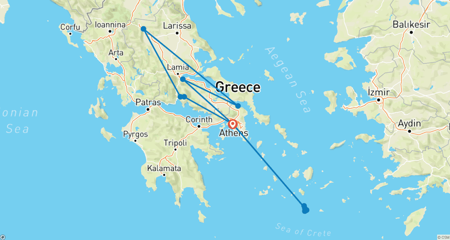 8日間ギリシャの見どころ：アテネ、デルフィ、メテオラ＆サントリーニのルートマップ