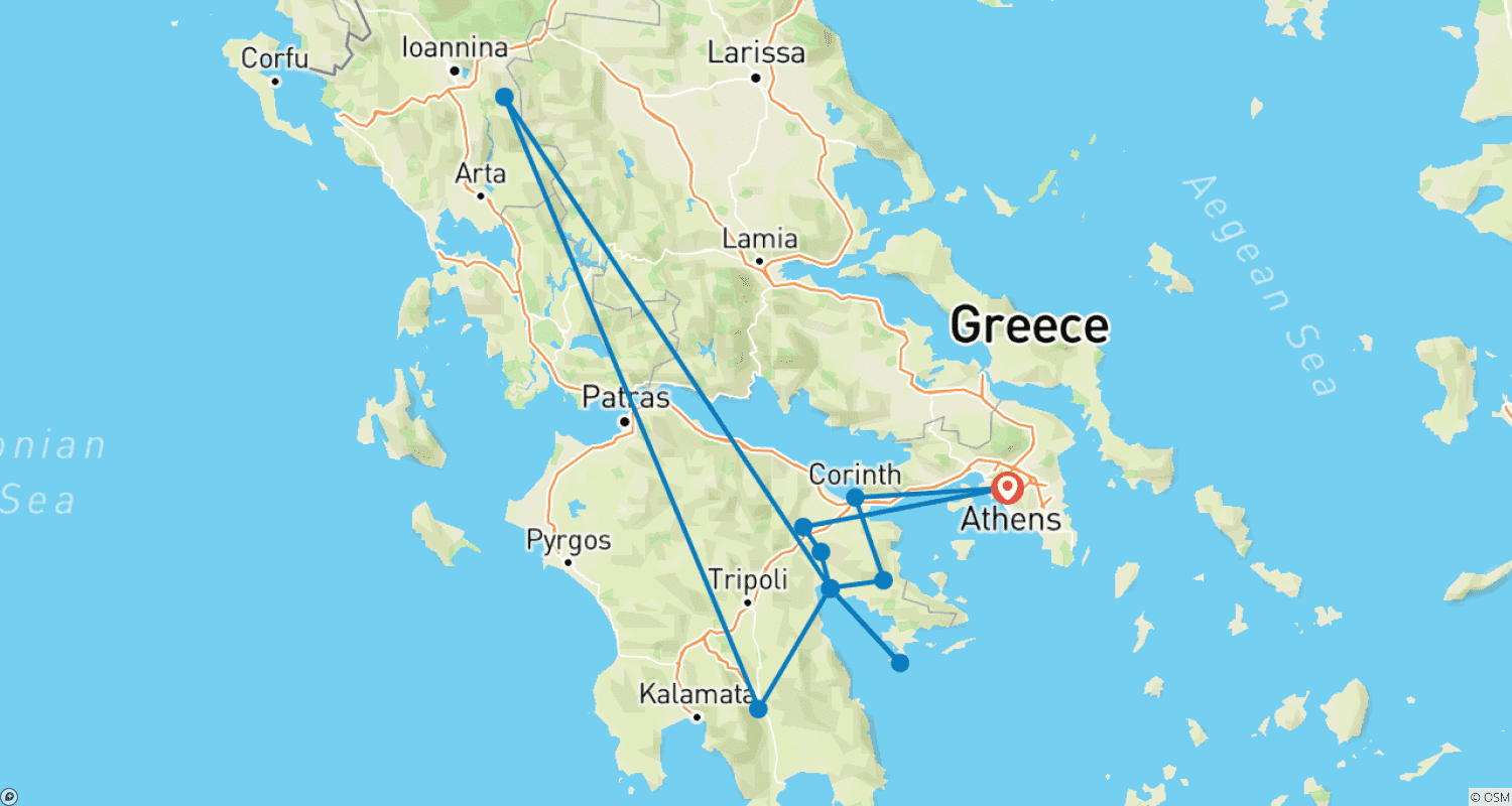 Mapa do percurso de Roteiro de 5 Dias na Grécia para Explorar Atenas, Peloponeso e a Ilha de Spetses