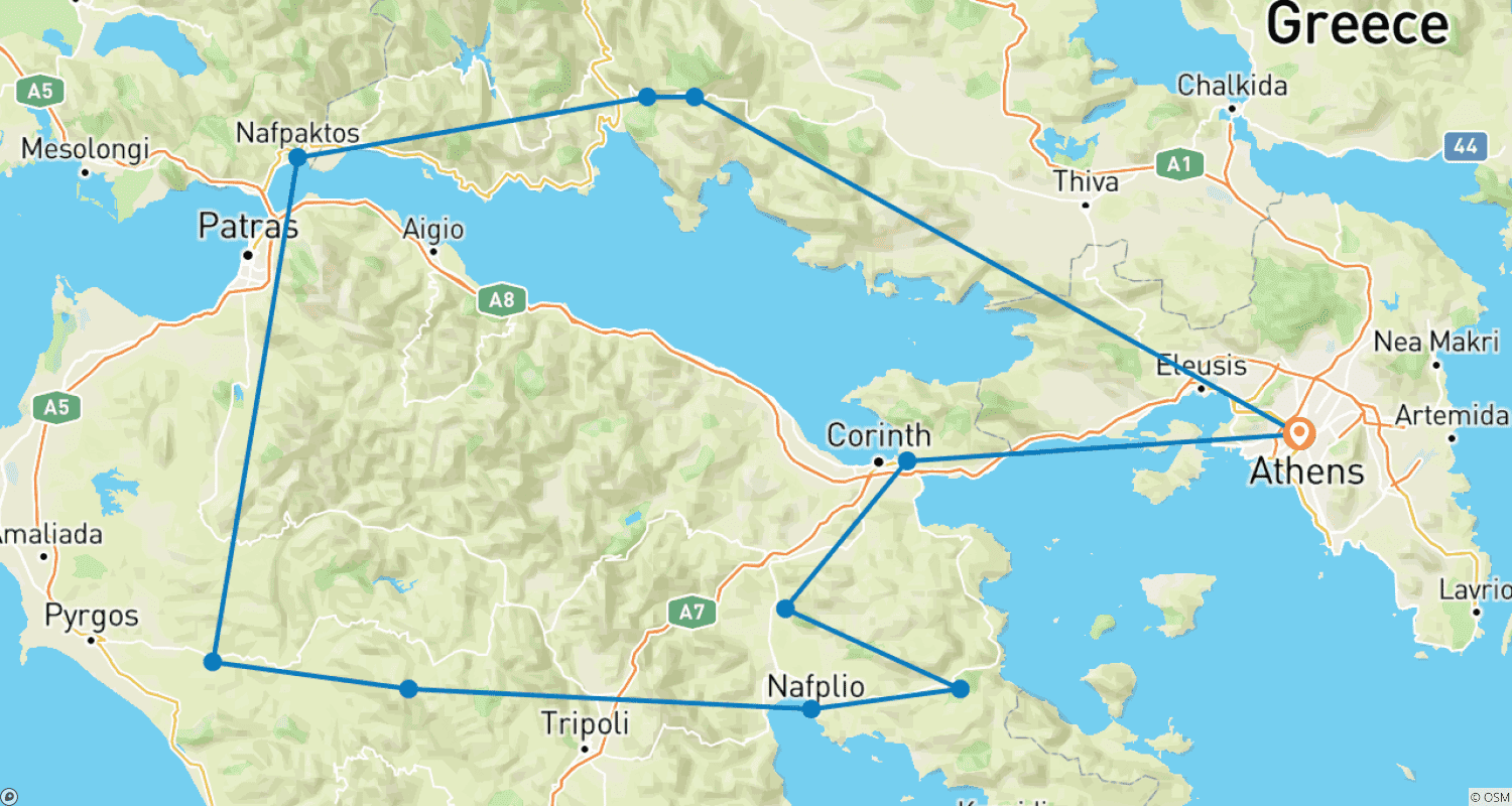 5-Day Classical tour, Nafplio, Dimitsana, Olympia, Delphi from Athensのルートマップ