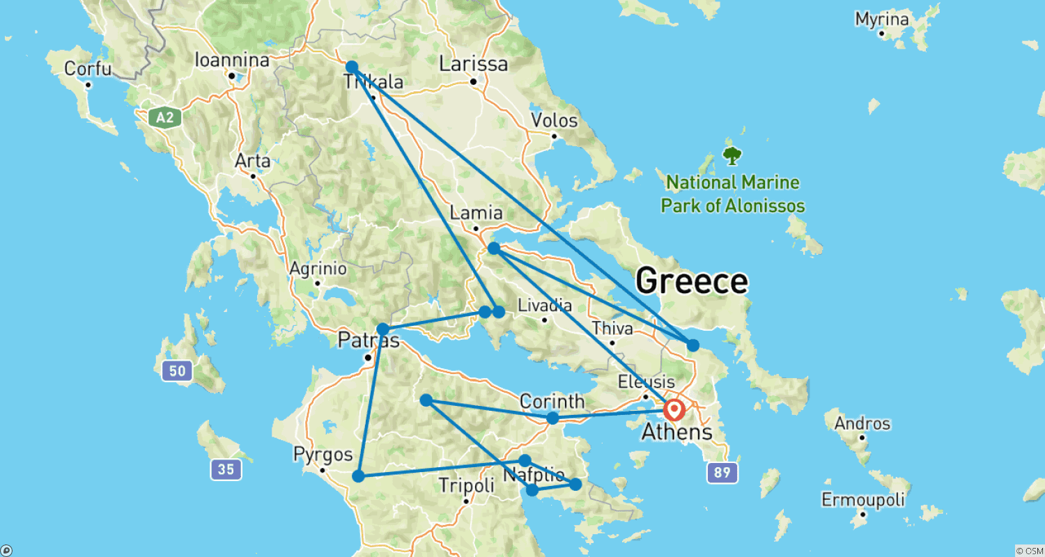 Mapa do percurso de Grécia Clássica de 5 Dias: Delfos, Olímpia, Meteora e a Ferrovia de Cremalheira