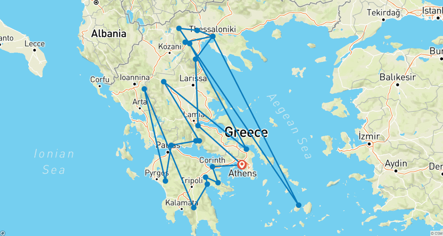 Mapa trasy: 7-dniowa wycieczka po Grecji: Ateny, Nafplio, Olimpia, Delfy, Meteory i Saloniki