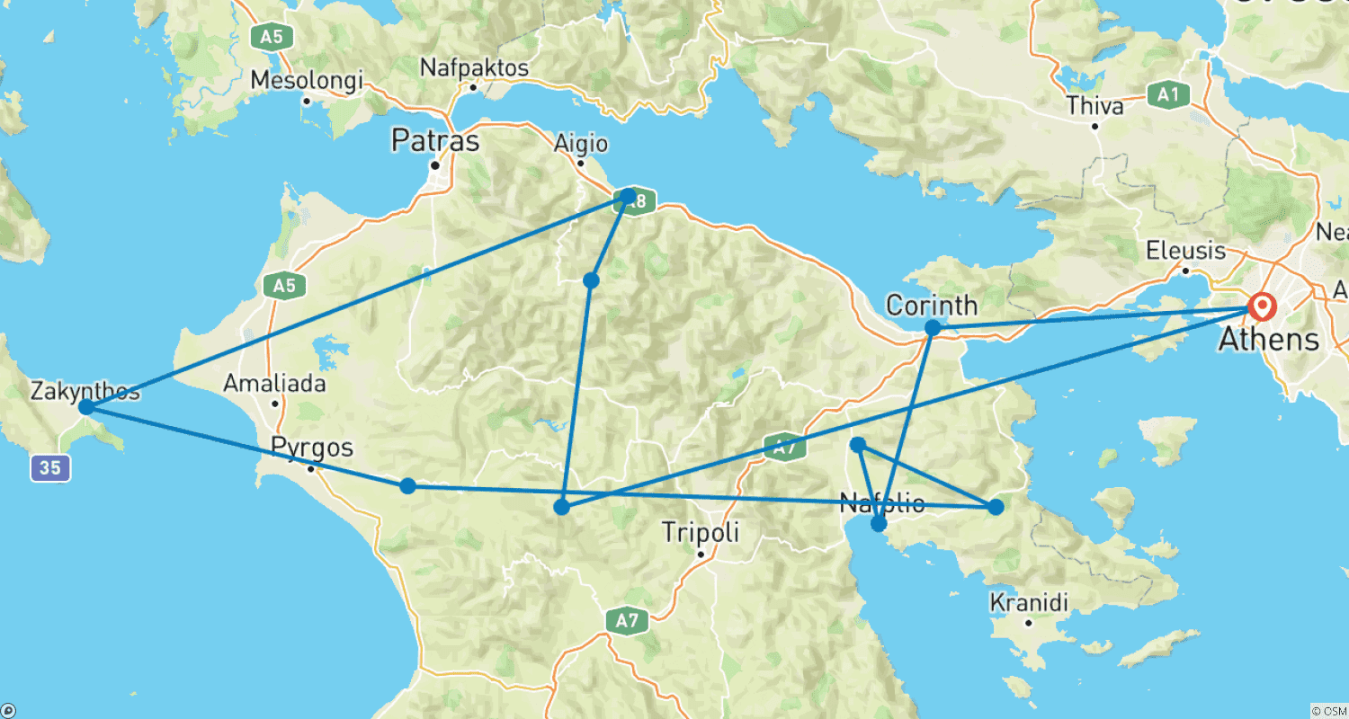 Mapa trasy: 6-dniowa prywatna wycieczka po Grecji: Historia, kultura i Wyspa Zakynthos