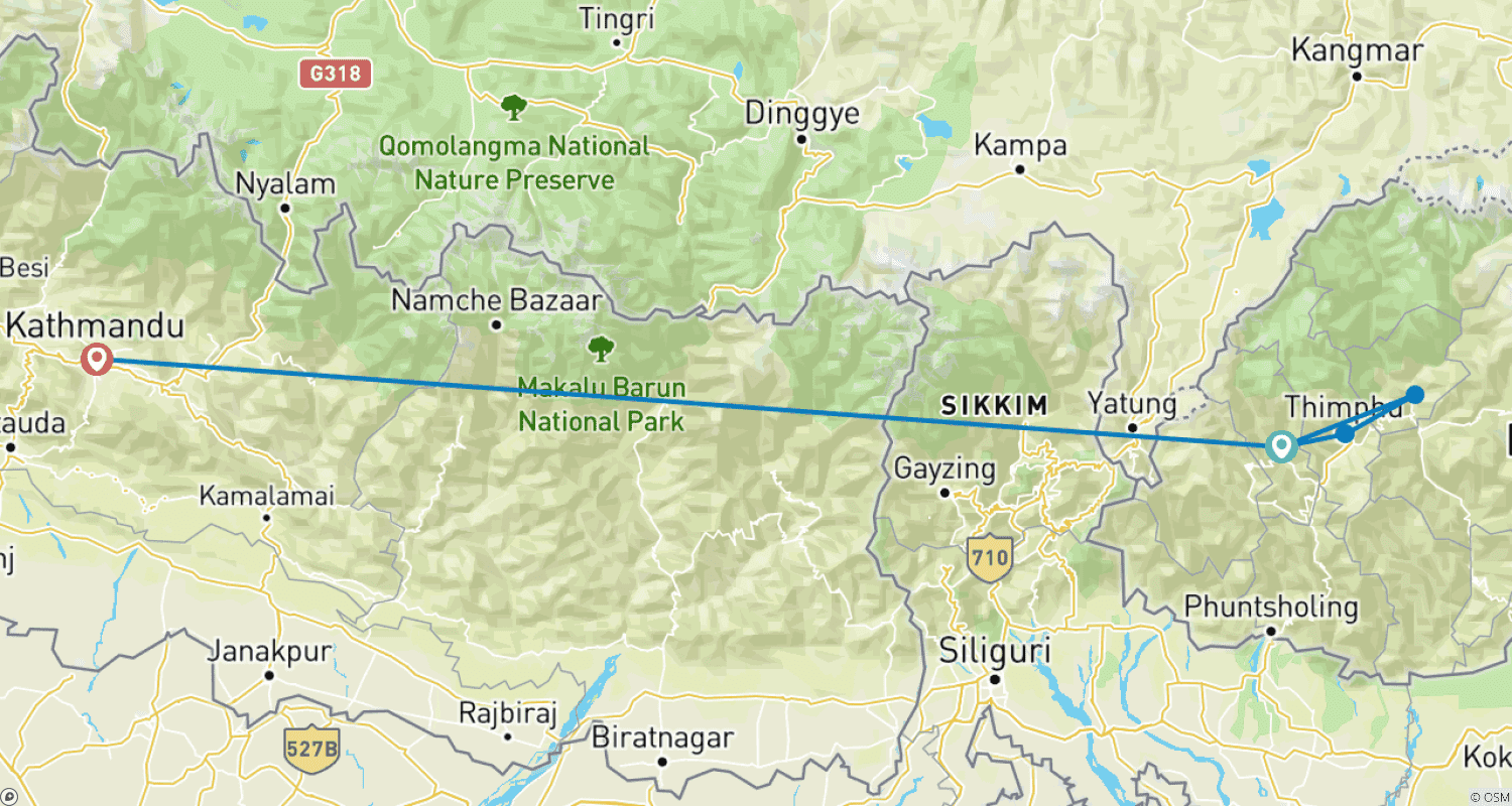 Mapa trasy: Wycieczka do Bhutanu – 5 dni 4 noce
