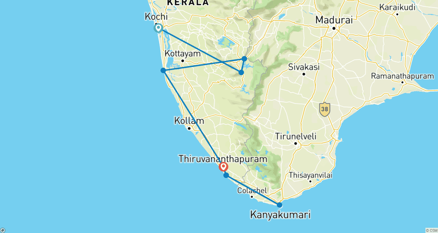 Mapa do percurso de Kerala Backwaters Tour