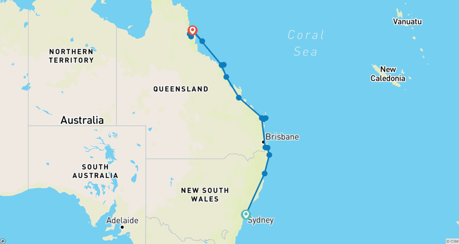 Mapa do percurso de Ilhas e Floresta Tropical da Costa Leste (2024/2025, 12 Dias)