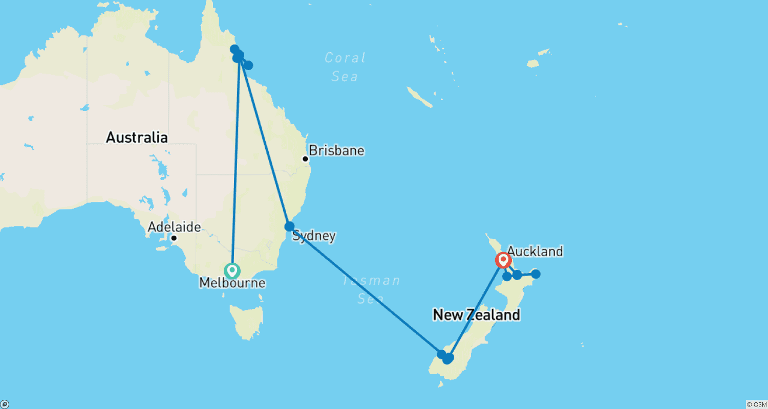 Mapa do percurso de Panorama da Austrália e Nova Zelândia (Base, 2024/25, 15 Dias)
