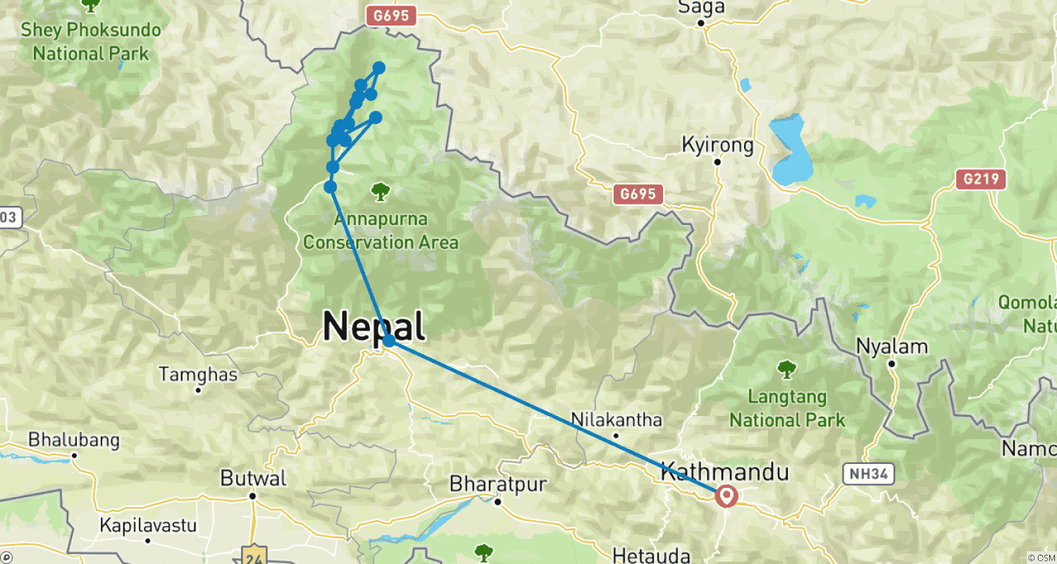 Mapa trasy: Trek po Górnym Mustangu - 17 dni