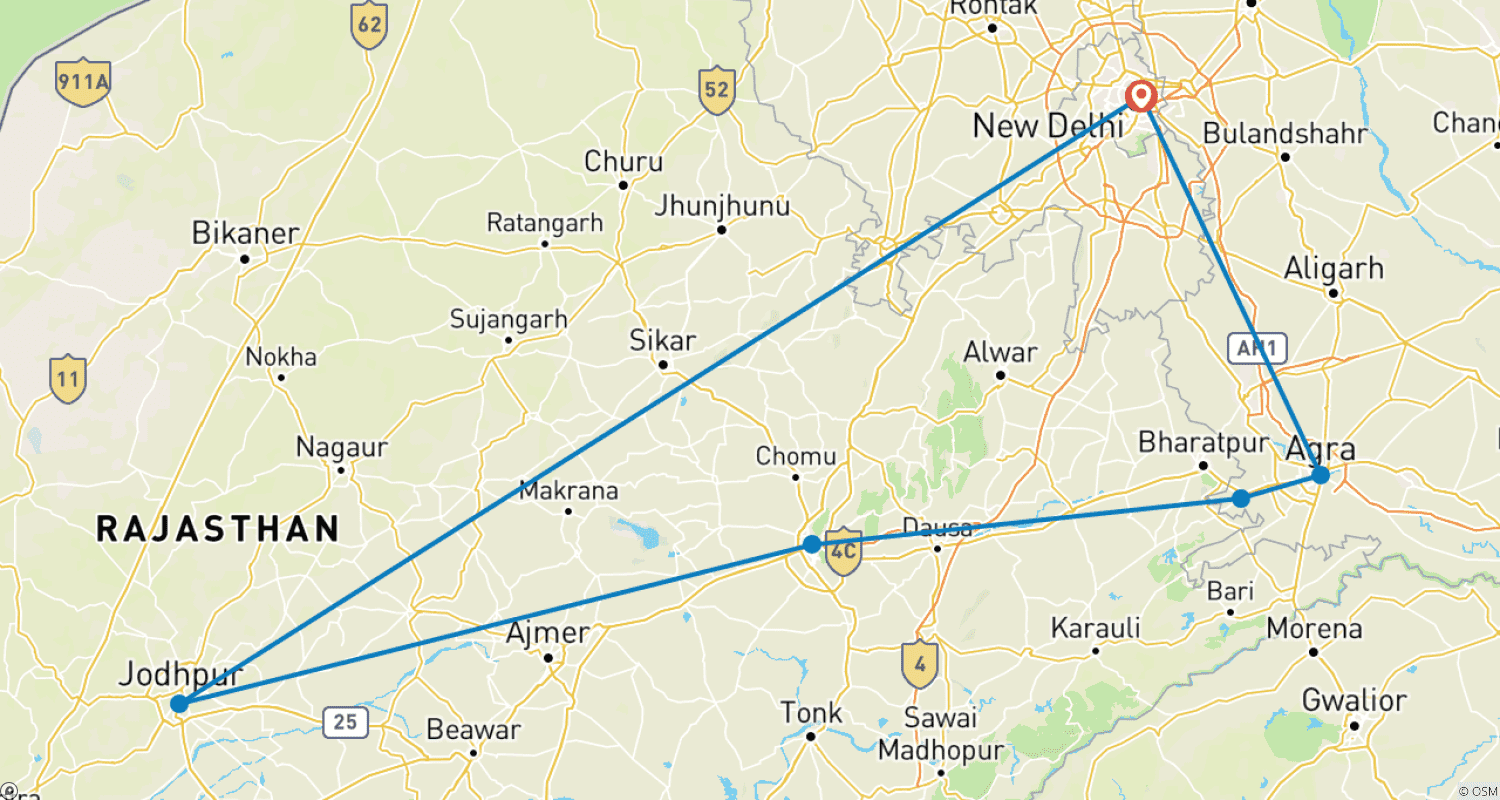 خريطة مسار Golden Triangle Tour with Jodhpur