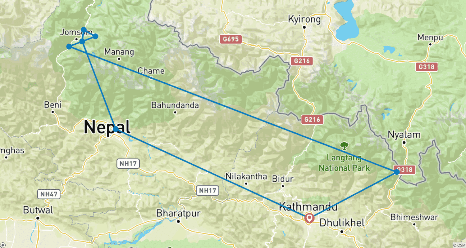 Mapa trasy: Jomsom Muktinath Przygoda Jeepem 4 Noce 5 Dni