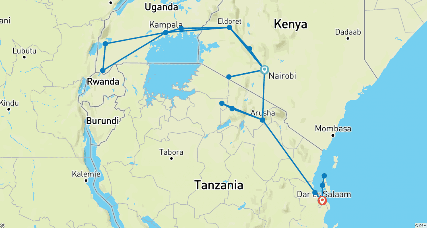 Mapa trasy: 28-dniowa wyprawa: Parki Narodowe, Goryle i Zanzibar (Kemping)