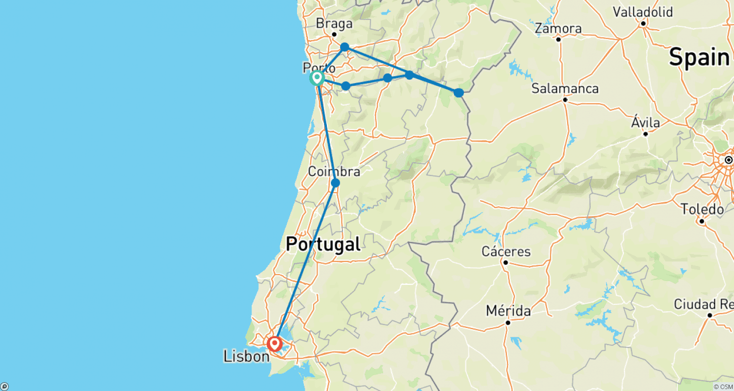 Mapa do percurso de Portugal, Espanha e o Vale do Rio Douro (2024) (Porto a Lisboa, 2024)
