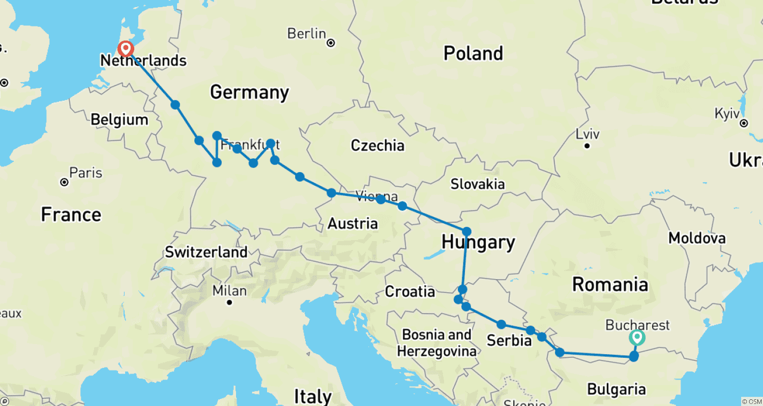 Mapa do percurso de Jornada Europeia Definitiva (2024) (Bucareste a Amsterdã, 2024)
