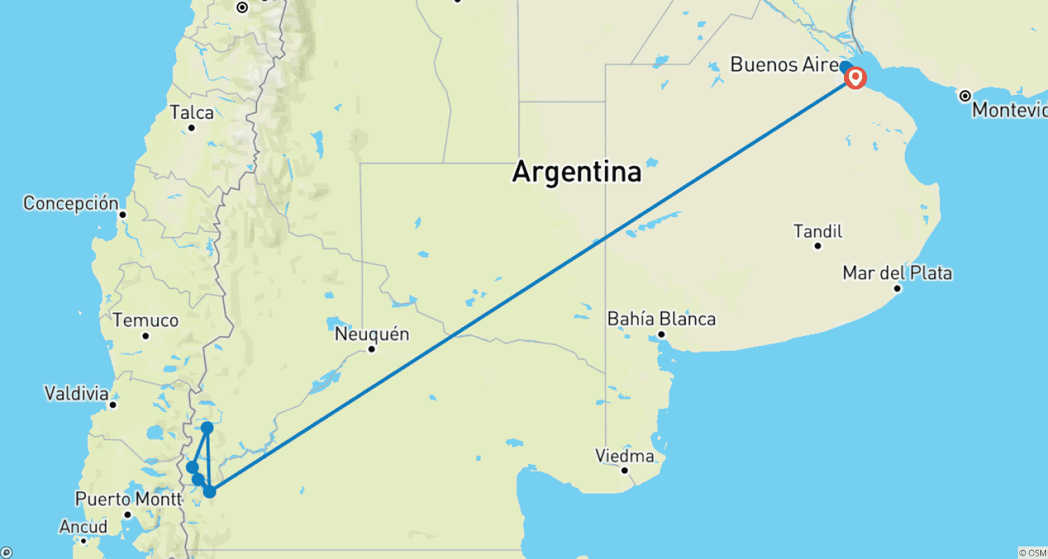 Mapa do percurso de Excursão de 8 Dias pela Argentina: Buenos Aires e Bariloche