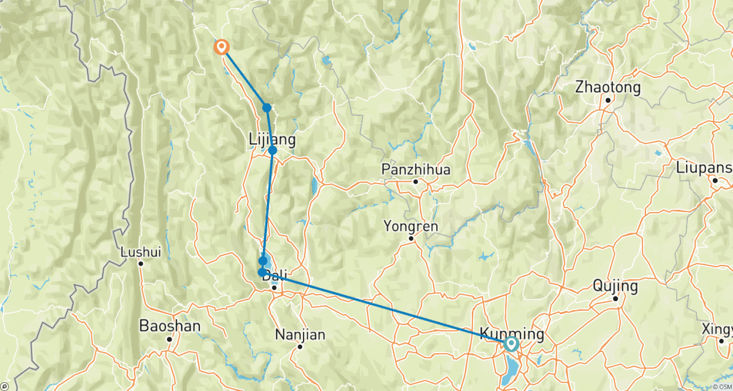 Mapa do percurso de Yunnan Selvagem 8 Dias: Kunming, Dali, Lijiang, Shangri-La
