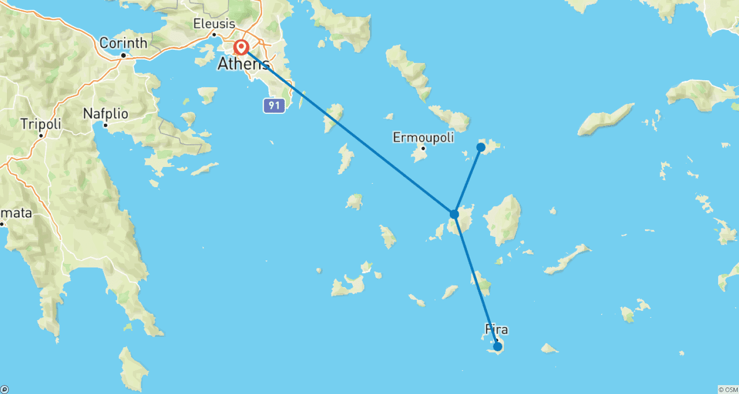 Athens and Cyclades: Paros, Santorini and Mykonos, 8-Day tourのルートマップ