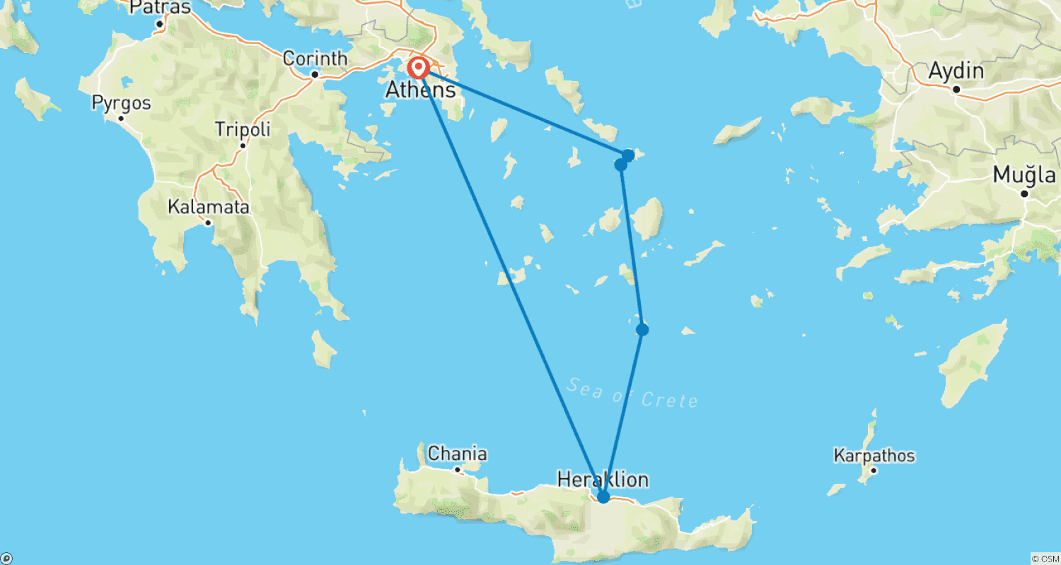 Mapa do percurso de Atenas, Mykonos, Delos, Santorini e Heraklion (Creta), Excursão de 11 dias