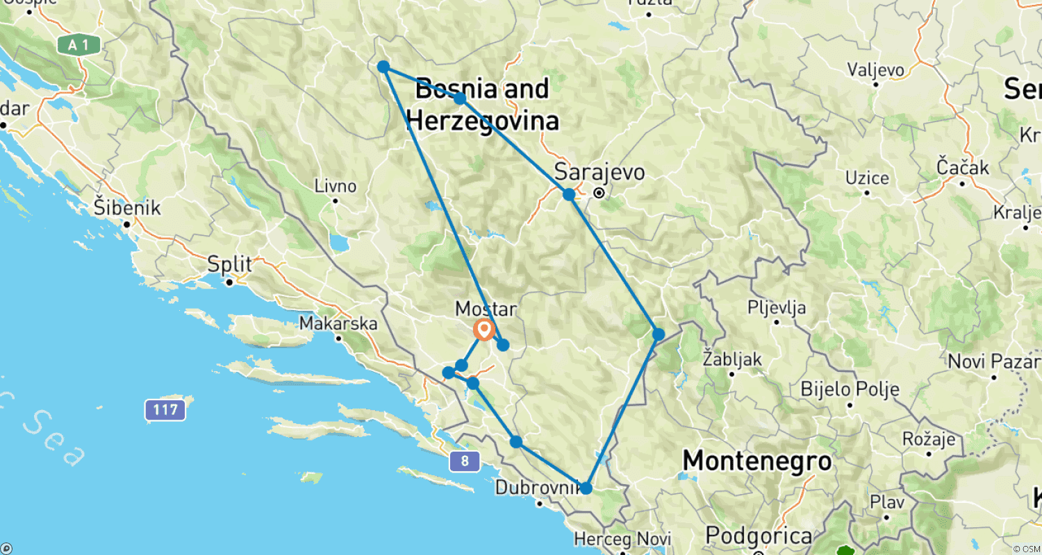 Mapa trasy: Adorable tour in Bosnia and Herzegovina: UNESCO sites and other top destinations on a 9-days tour from Mostar