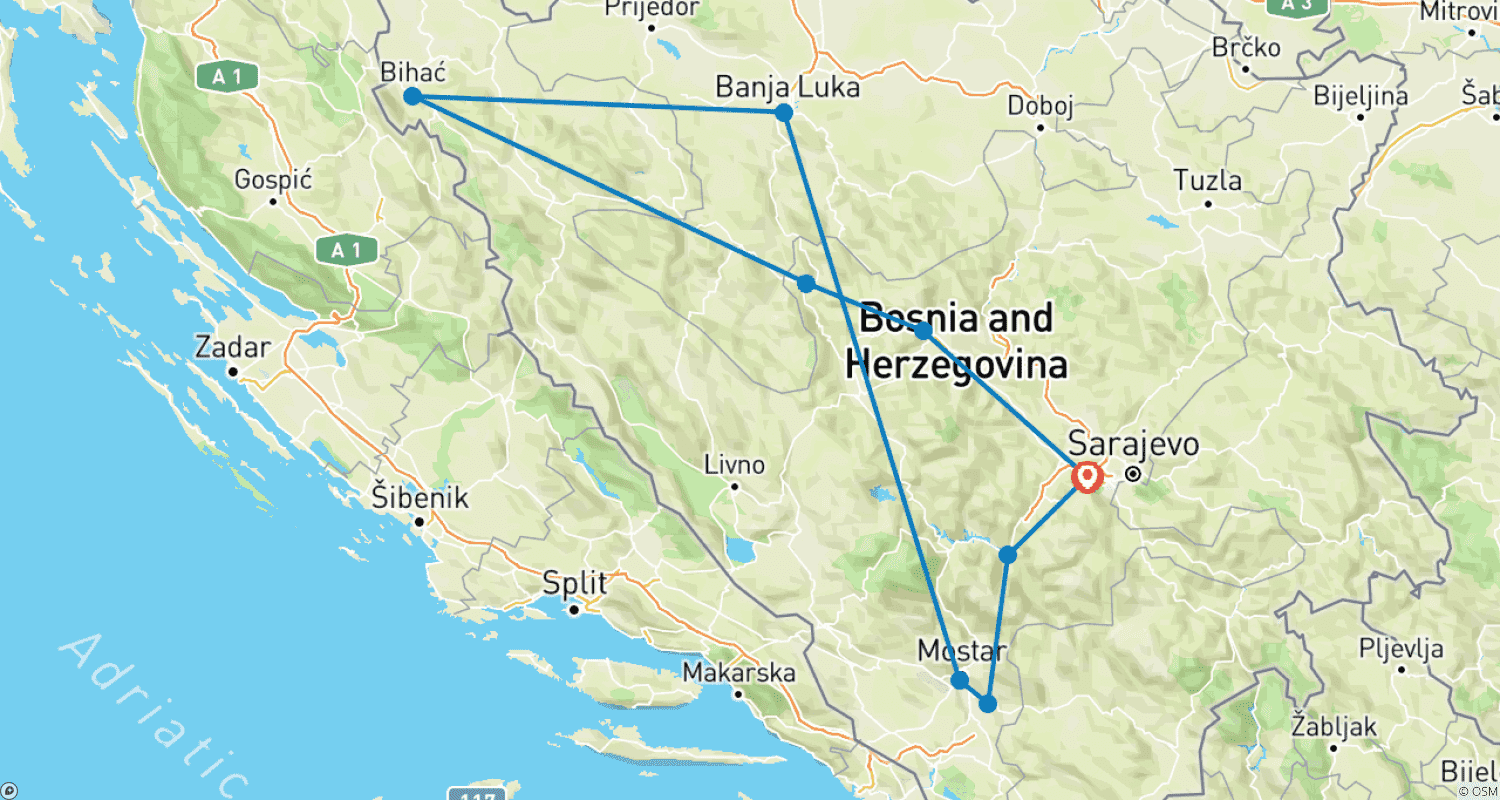 Mapa trasy: Wspaniała wycieczka po Bośni i Hercegowinie: miejsca UNESCO i inne najważniejsze atrakcje podczas 8-dniowej wycieczki z Sarajewa