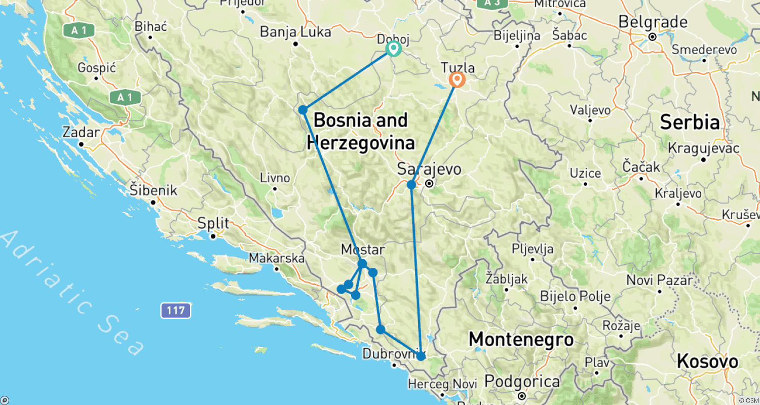 Enchanting tour in Bosnia and Herzegovina: UNESCO sites and other top destinations on a 9-days tour from Tuzlaのルートマップ